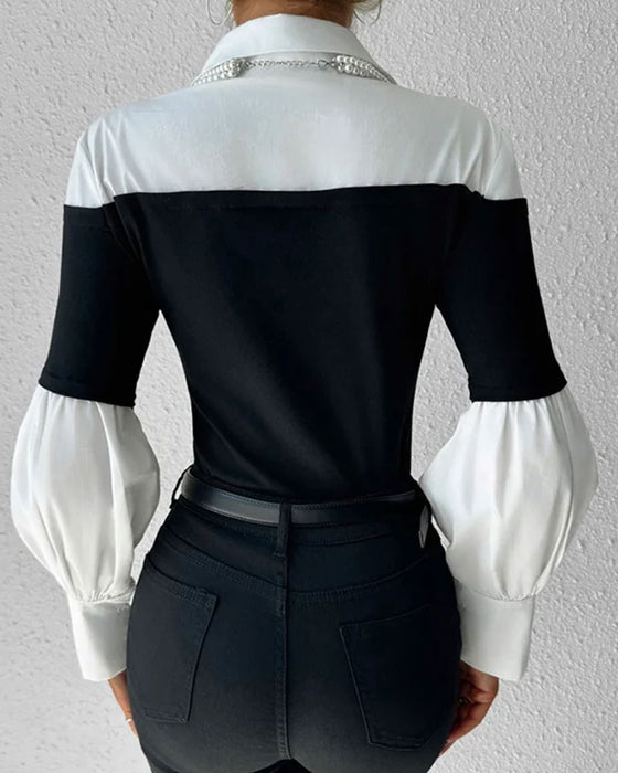 Haut Bloc de Couleur Off-Shoulder Manche Lanterne Patchwork