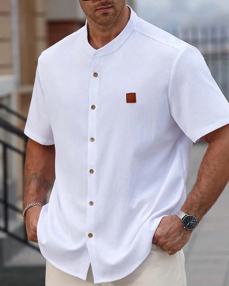 Chemise Texturée Col Montant Manche Courte
