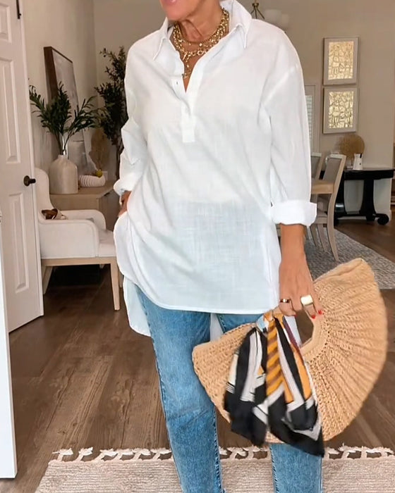 Blouse Col En V Bouton Unie Lâche