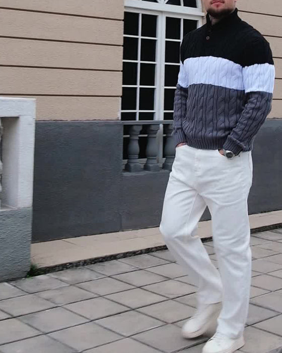 Pullover Col Haut Bouton Contraste Homme