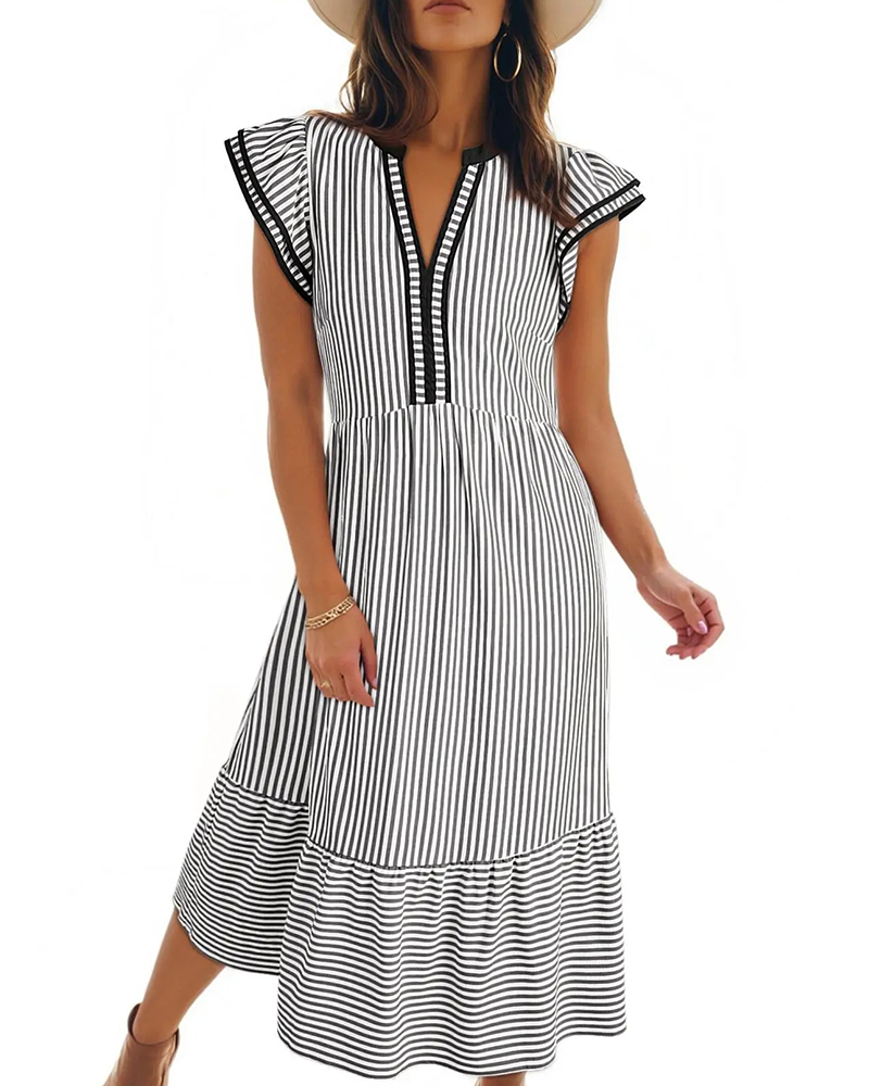 Robe Rayée Double Volant Manches Courtes