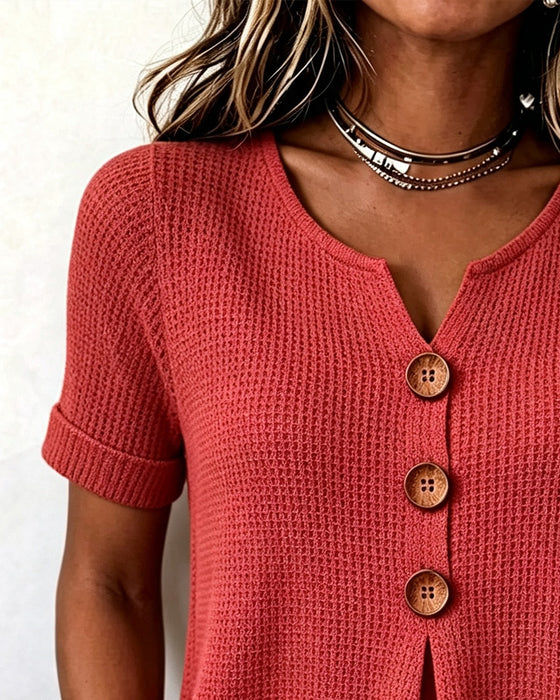 T-Shirt Petit Col V Gaufre Uni