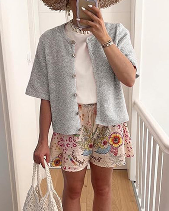 Pull Cardigan Unie Boutonnage Devant Manches Courtes