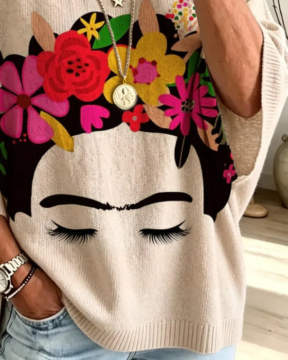 Coupe Loose Visage Imprimé Floral Pullover