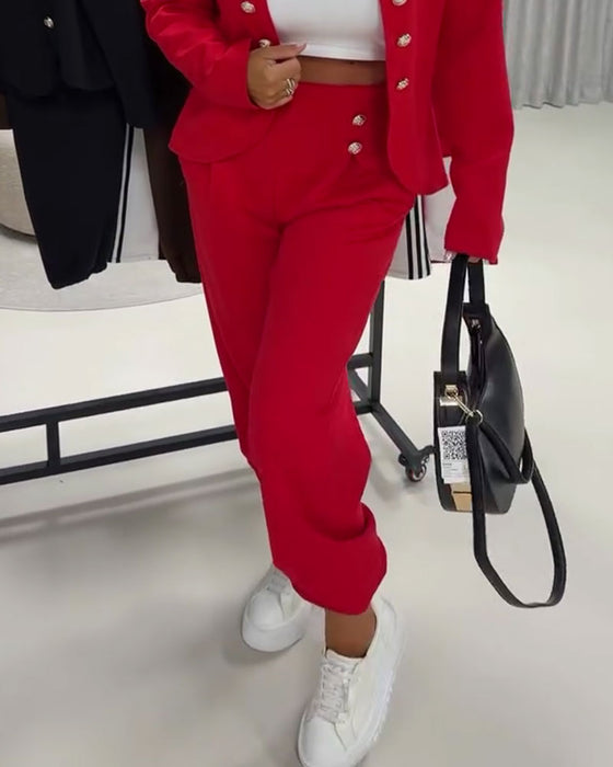 Pantalon Unie Taille Haute Décontracté Bouton