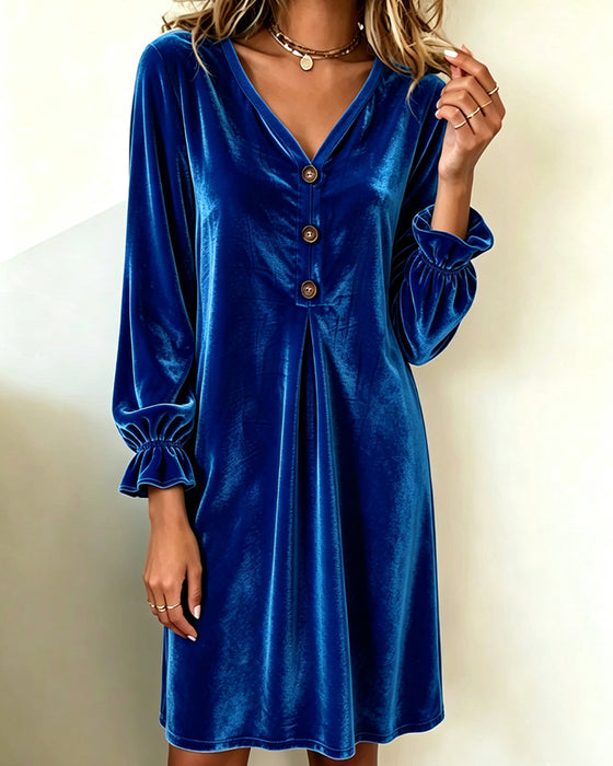 Robe Col En V Bouton Volant Plissé