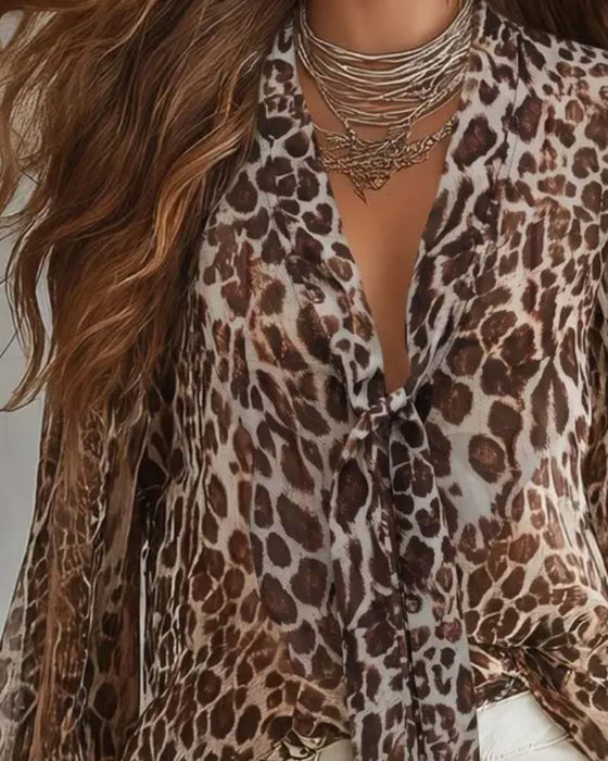 Chemise Col‑v Léopard Transparent Manches‑longues