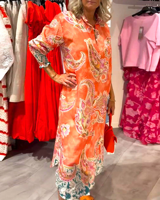 Robe Col Montant Manches Longues Imprimé Cajou