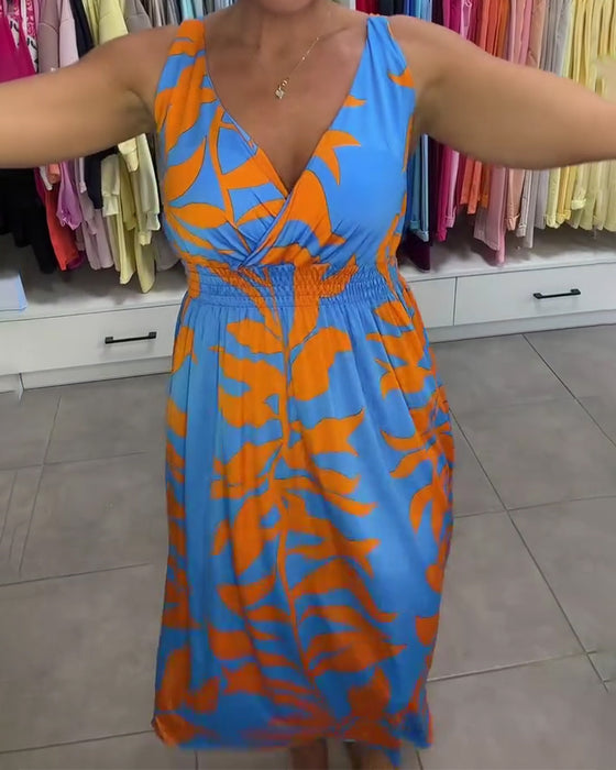Robe Sans Manches Col En V Taille Élastique Croisé