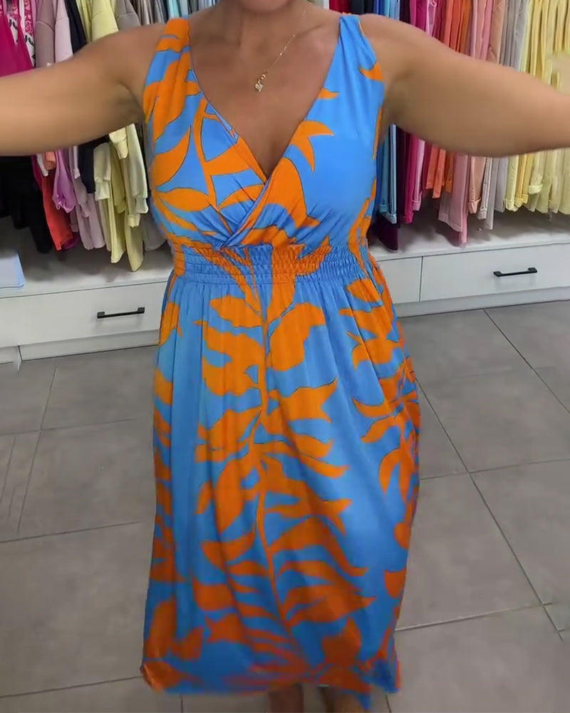 Robe Sans Manches Col En V Taille Élastique Croisé