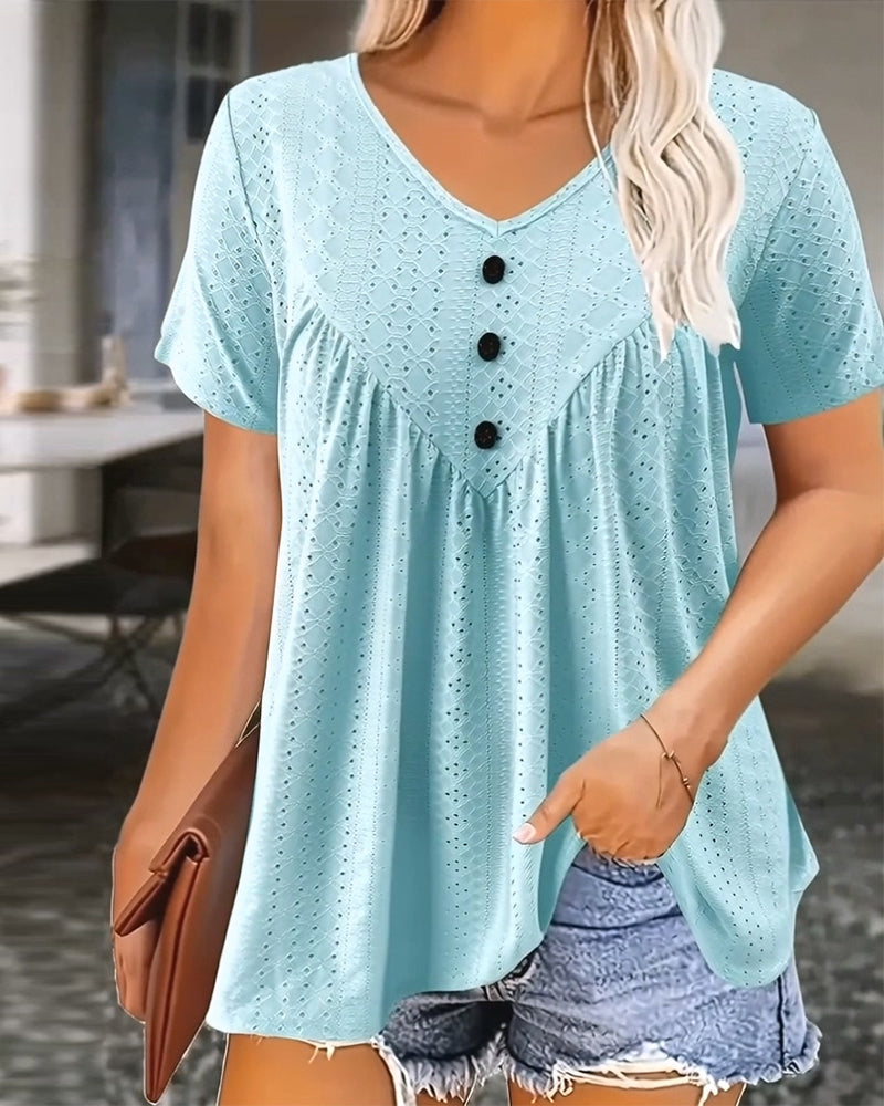 T-Shirt Casual Décolleté En V Évidé Manches Courtes