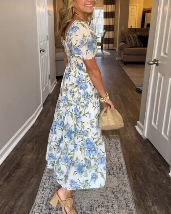 Robe Carré Plissé Fleuri A-Ligne