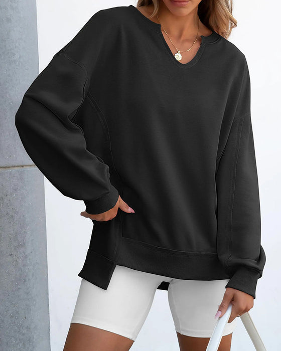 Sweat Petit Col V Ample Décontracté Manches Longue
