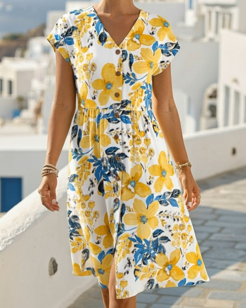 Robe Imprimé Floral Col V Manches Courtes