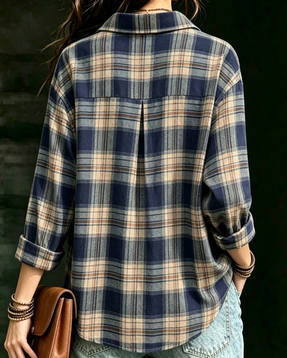 Blouse Col À Carreaux Manches Longues