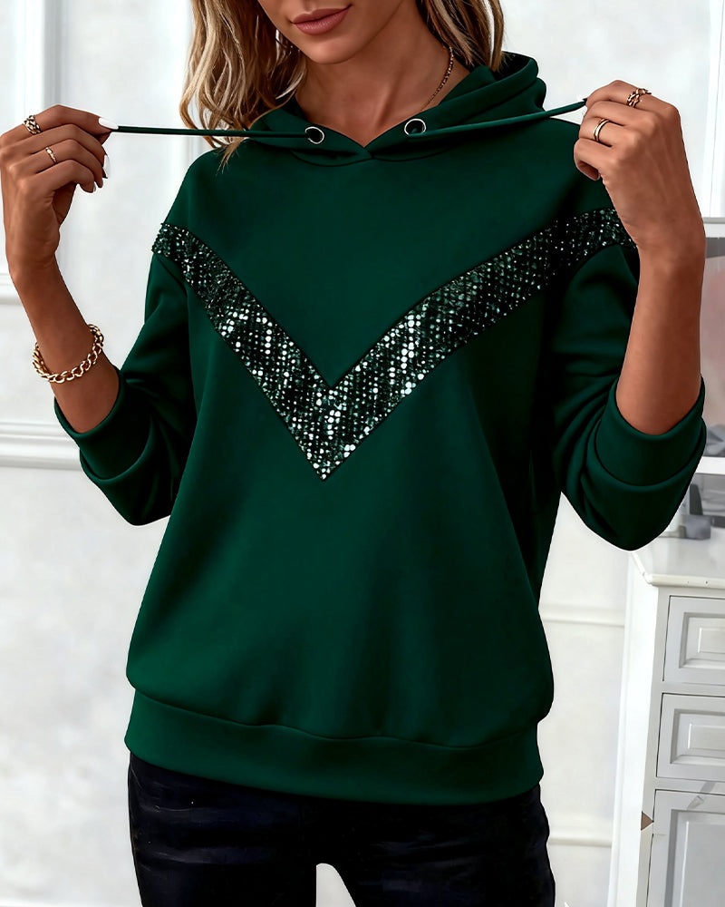 Sweat à capuche patchwork à manches longues en couleurs unies