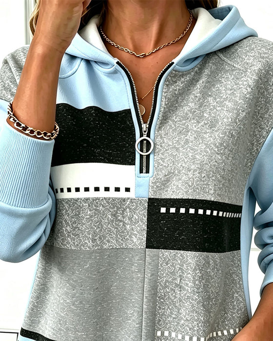 Hoodie Demi Fermeture Éclair Contraste Imprimé Géométrique