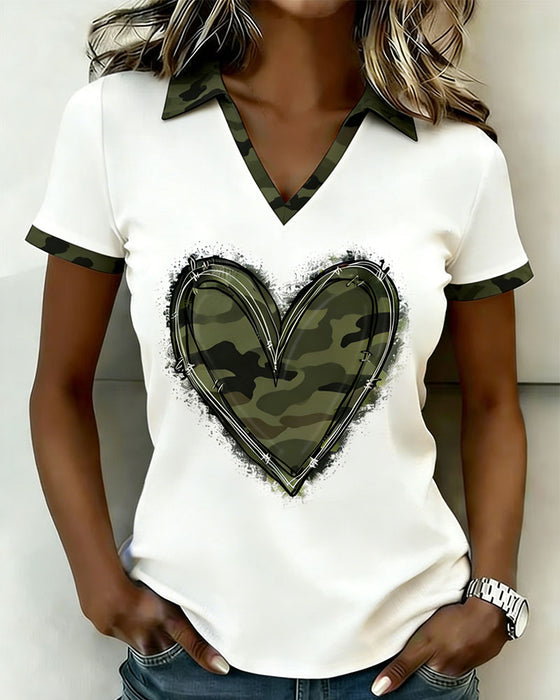 T-Shirt Col Claudien Camouflage Cœur