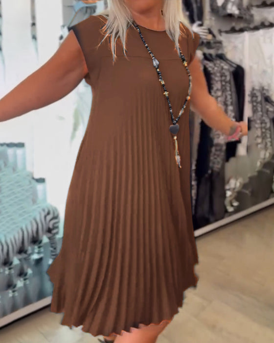 Robe décontractée plissée de couleur unie à col rond