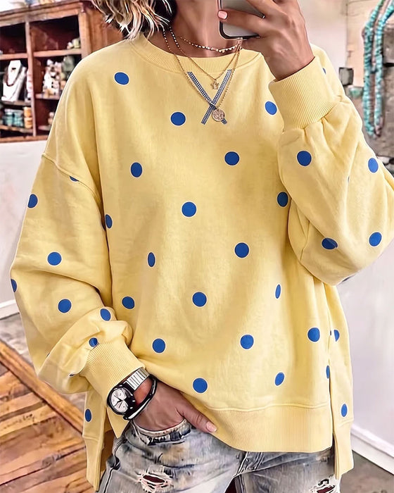Sweatshirt Col Rond Polka Dot Fente Épaule Tombante Asymétrique