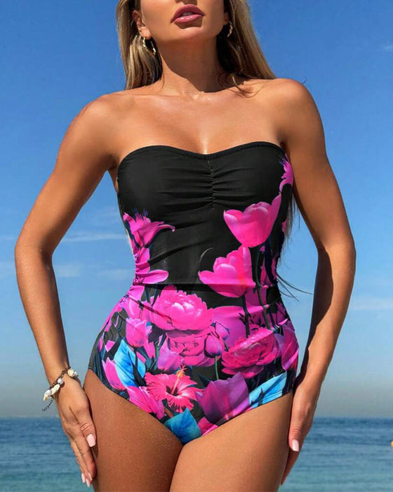 Maillot De Bain Bandeau Imprimé Fleuri Une-Pièce