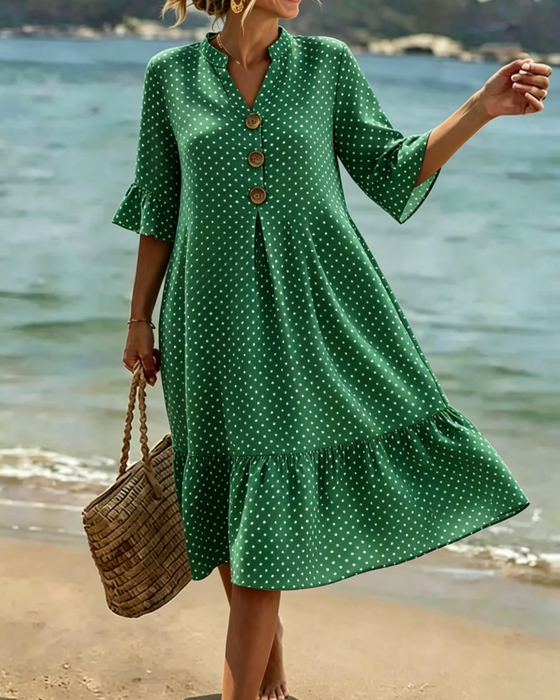 Robe Polka Dot Col V Volanté Manche