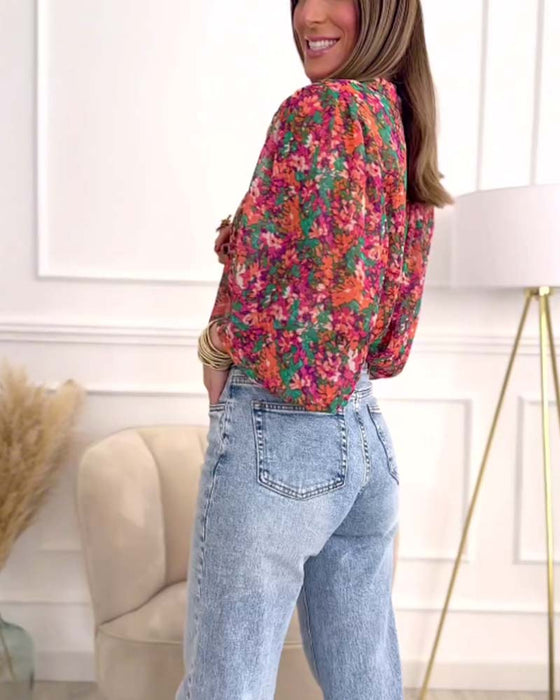 Chemise boutonnée imprimée à manches bouffantes