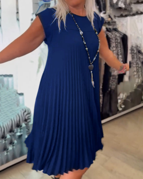 Robe décontractée plissée de couleur unie à col rond