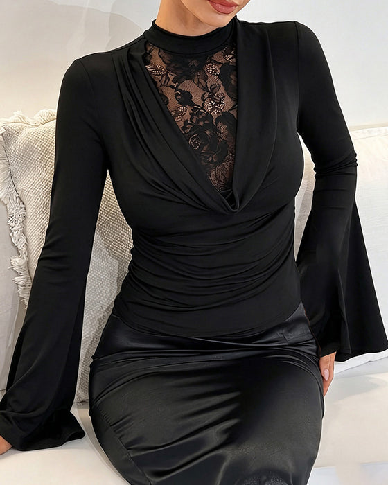 Haut Col Claudine Panneau Dentelle Manche Évasée