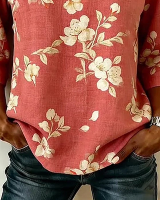Blouse Imprimé Fleur Bouton Latéral Manche 3/4