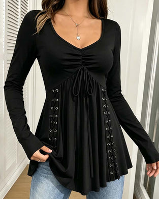 Blouse Col En V Cordon De Serrage Manches Longues