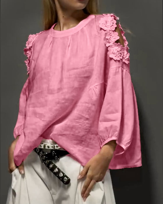 Chemisiers Col Rond Découpe Off-Shoulder 3D Floral
