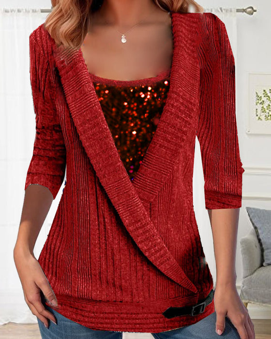 Haut deux pièces tendance à paillettes de couleur unie et à col carré