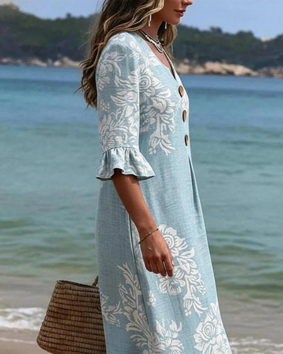 Robes Floral Imprimé Trois-Bouton Longue