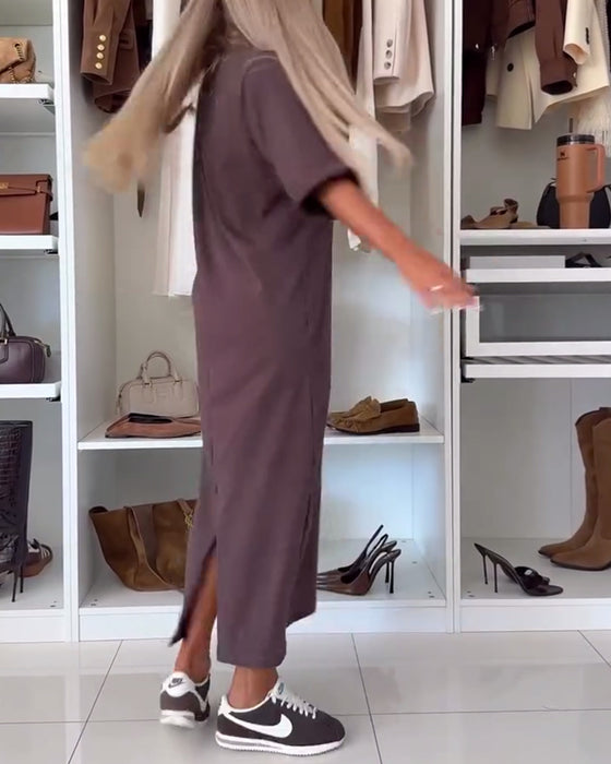 Robe Uni Col Rond Fente Tunique