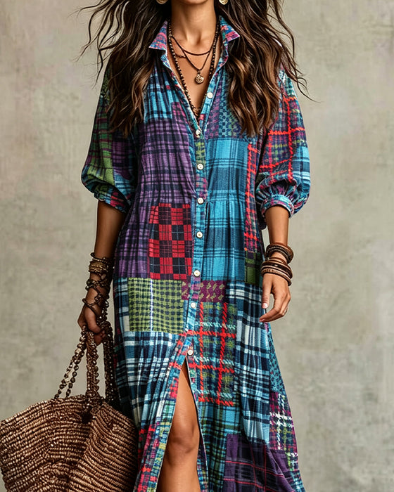 Robe Manche Mi-Longue Vichy Fente Chemise