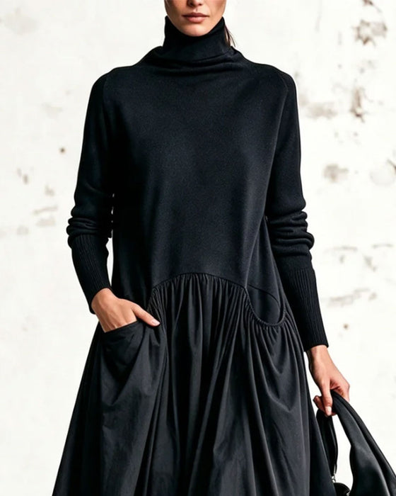 Robe Col Haut Patchwork Froncée Longue