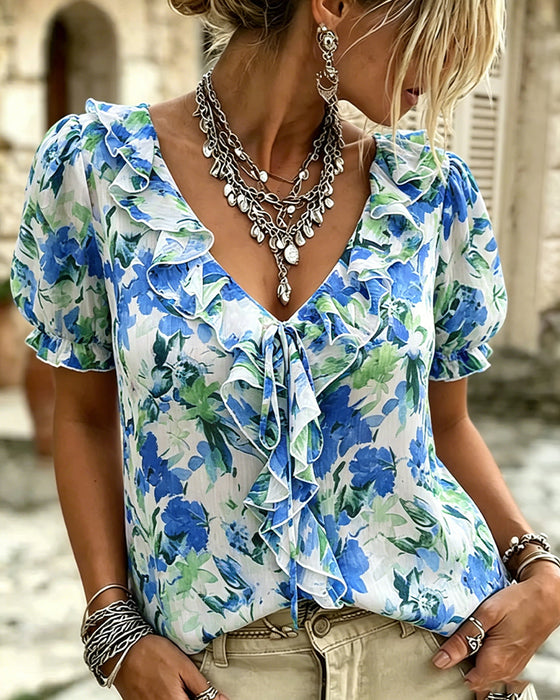 Blouse Col V Volant Manche Bouffante
