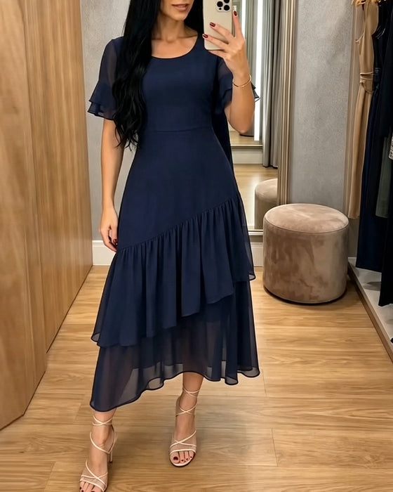 Robe Col Rond Volant Unie