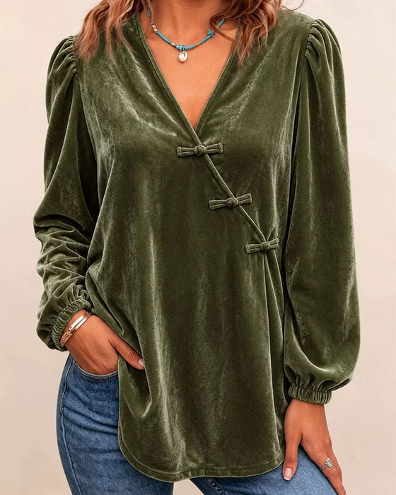 Blouse Col En V Bouton Devant Croisé Manches Ballon