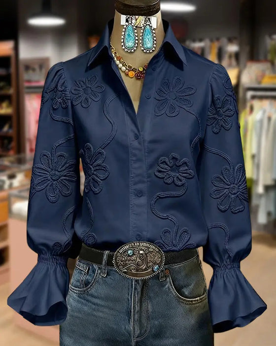 Chemise Fleur Manche Évasée Col Mandarin