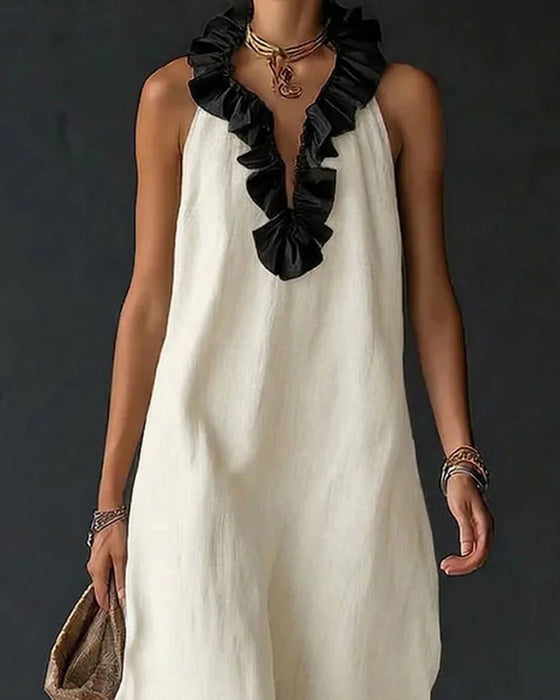 Robe Contraste Volanté Sans Manches Longue