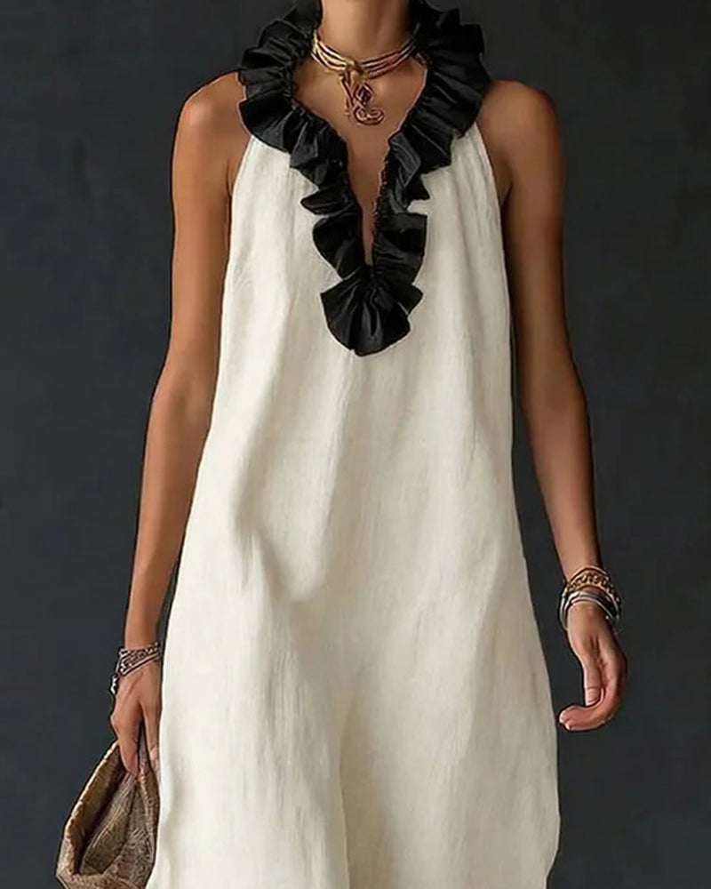 Robe Contraste Volanté Sans Manches Longue
