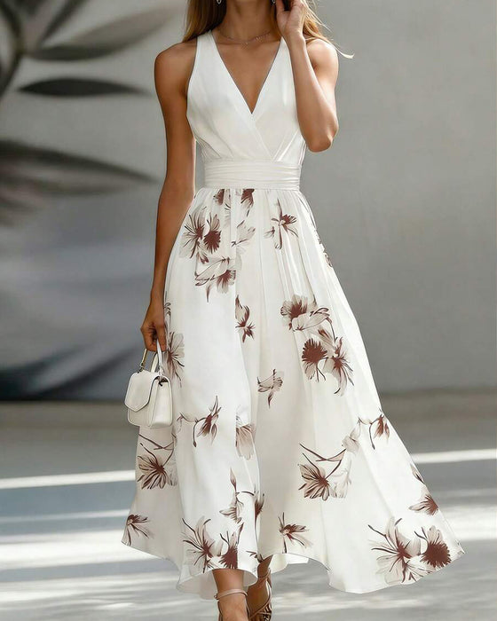 Robe Sans Manches Col V Taille Florale