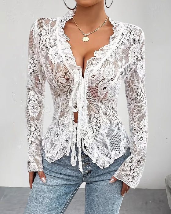 Blouse Col En V Attacher Dentelle