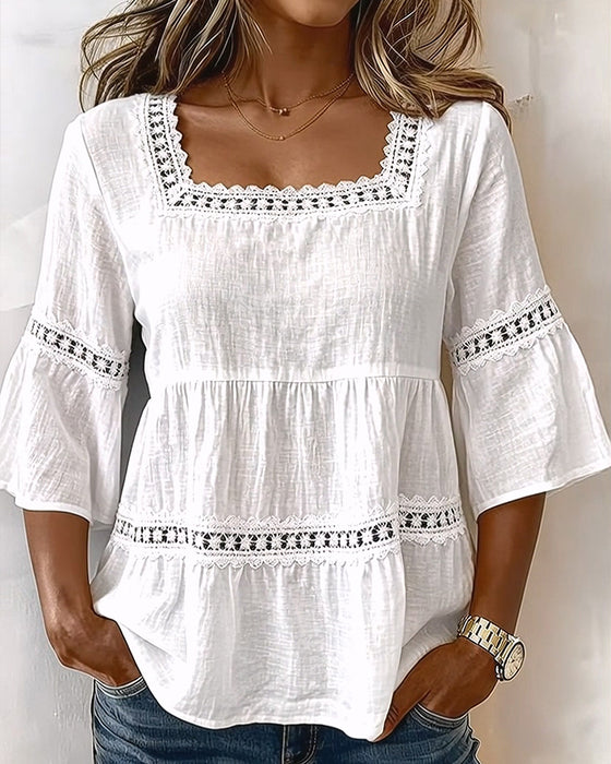 Blouse Manches Courtes Panneau En Dentelle Col Carré