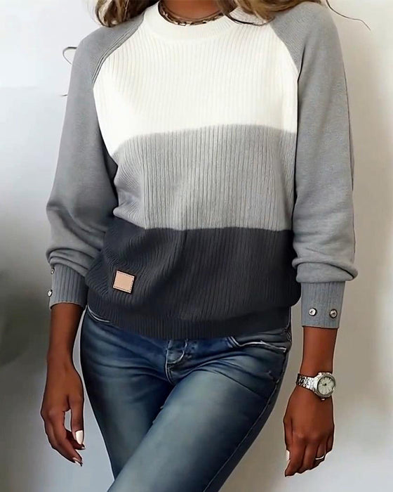 Haut Élégant Col Rond Couleur Contrastée
