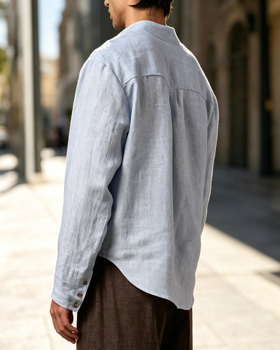 Chemise Homme Col V Col Monté Manches Longues Décontractée