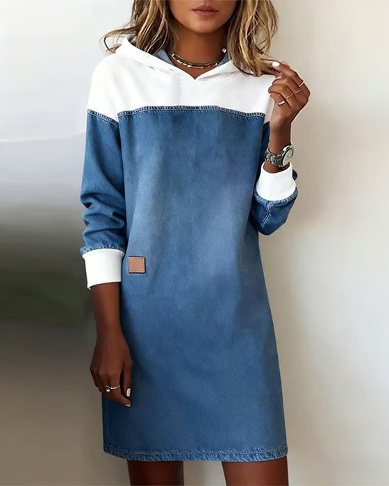 Robe À Capuche Denim Patchwork Épaule Tombante