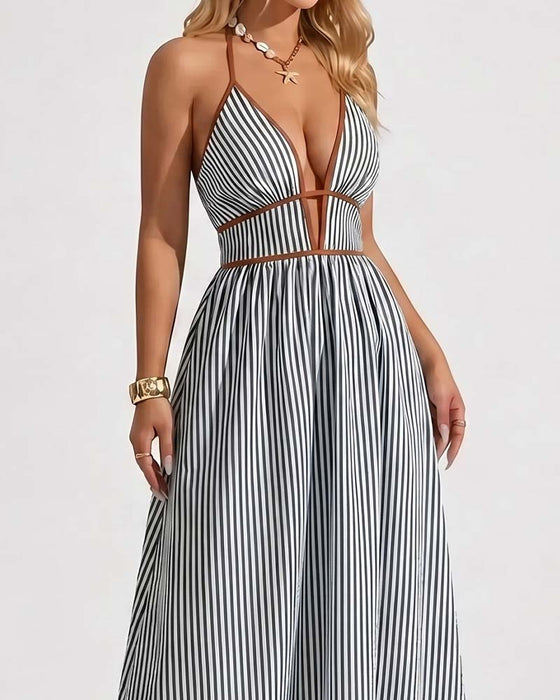 Robes Profond Col V Bretelle Spaghetti Rayure Longue